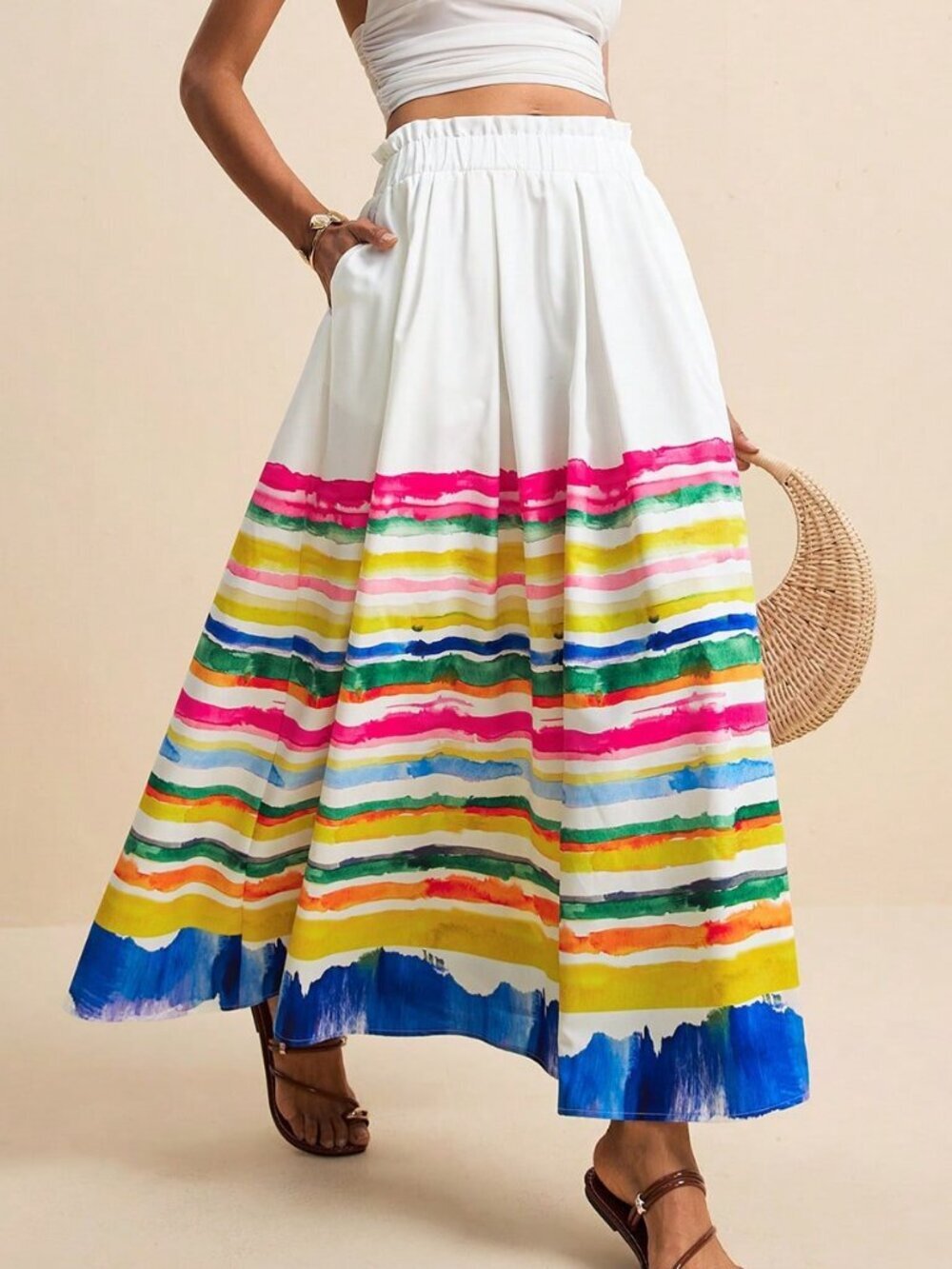 Multicolor Boho Women's Colorful Striped Print Pocket Casual Skirt